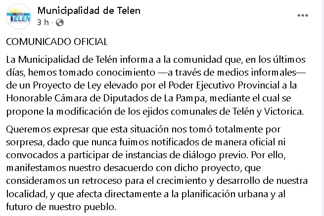 Telen Victorica quiere que le den tierras del ejido municipal de Telén pero ...