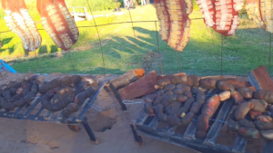 Detalle de la carroza ilustrativa y conmemorativa del evento "El Asado del Siglo" para festejar los 100 años de Victorica el 12 de febrero 1982 con la venida del entonces Presidente argentino Leopoldo Fortunato Galtieri-No nombrado en la conmemoración. Limitándose solo a decir "un presidente".